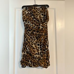 Express leopard print ruched bodycon strapless dress